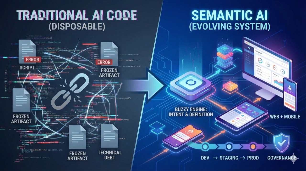Buzzy architecture illustration showing prompts, designs, data, workflows, and apps connected through a semantic application layer.