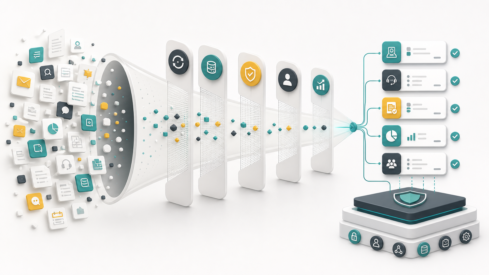 Conceptual funnel showing AI workflow ideas being evaluated into governed production workflows