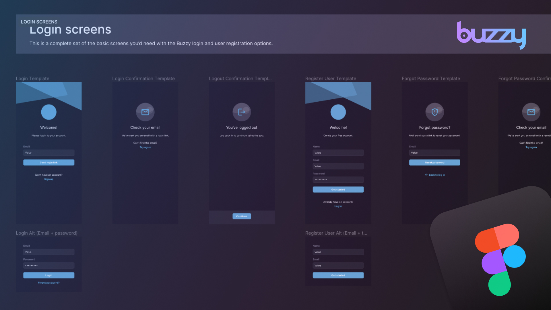Screenshot showing the Buzzy AI toolkit login screen templates