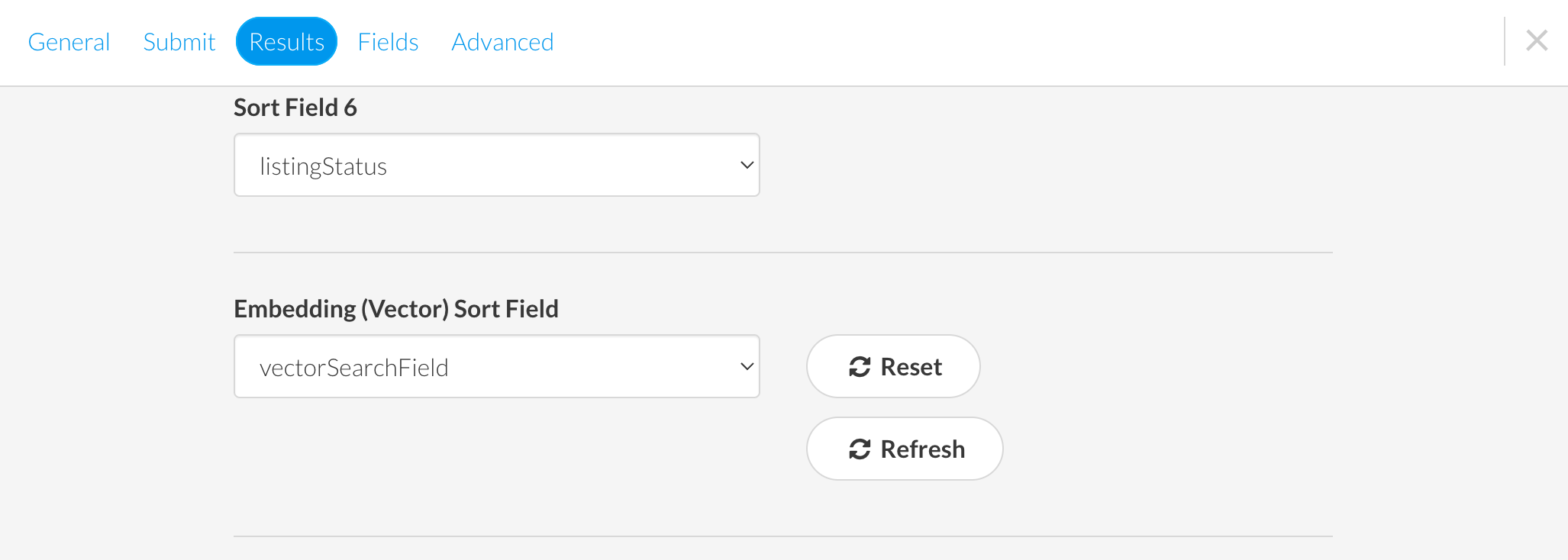 The jsonata field named vectorSearchField is set as the Embedding Sort Field in the datatable results settings