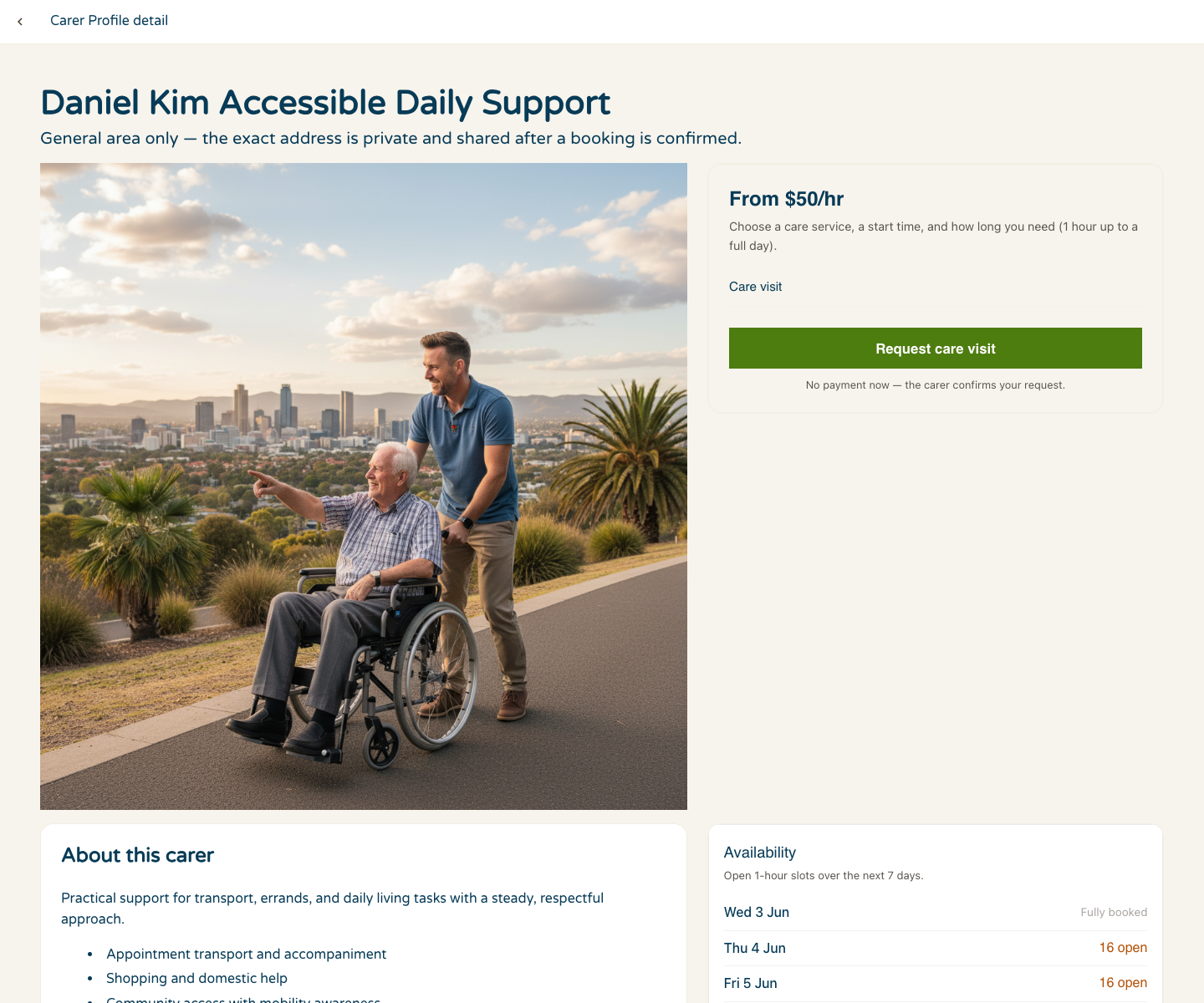 CareConnect carer profile detail page showing private-address guidance, hourly pricing, request action, and availability.