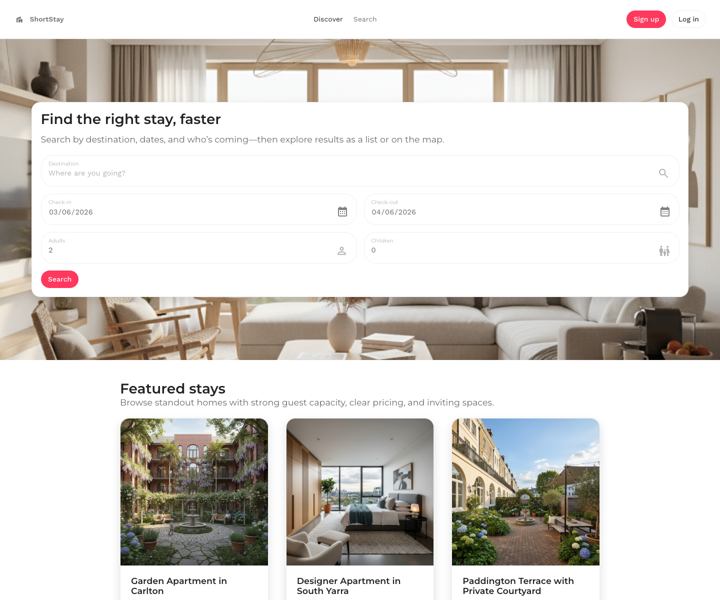 ShortStay public runtime home page showing rental search and featured stays.