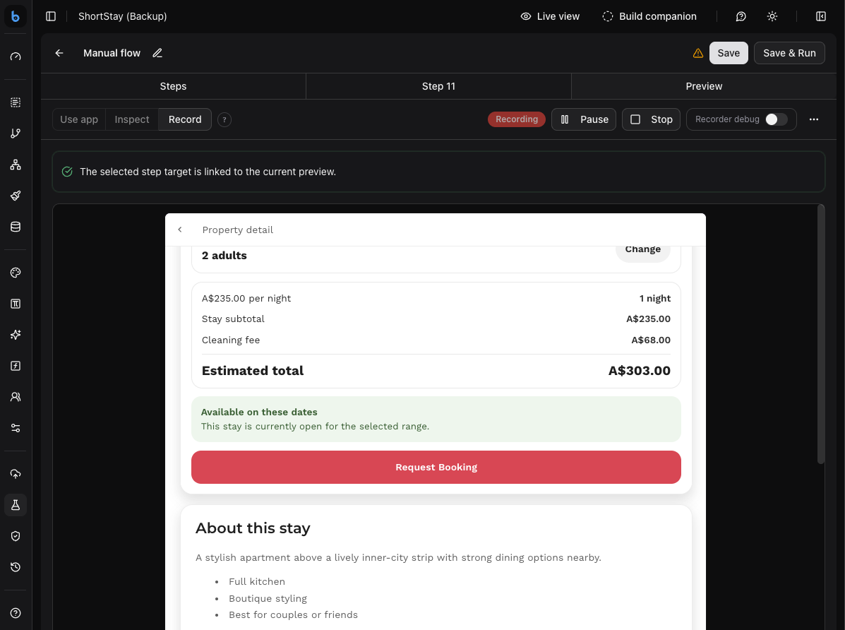 Buzzy manual test recording screen showing a ShortStay booking workflow being recorded.