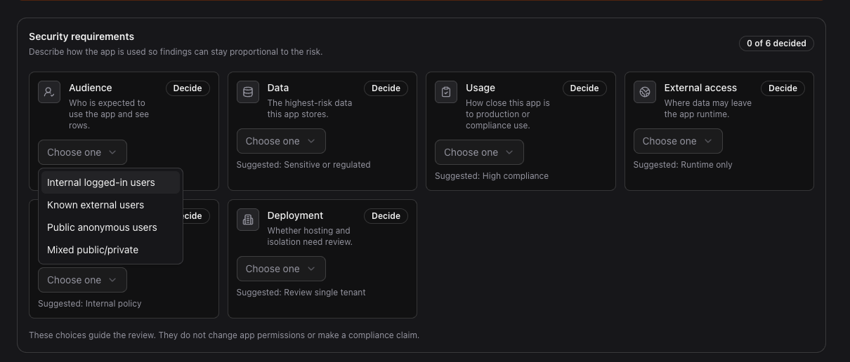 Buzzy security requirements screen showing risk decisions for audience, data, usage, external access, and deployment.
