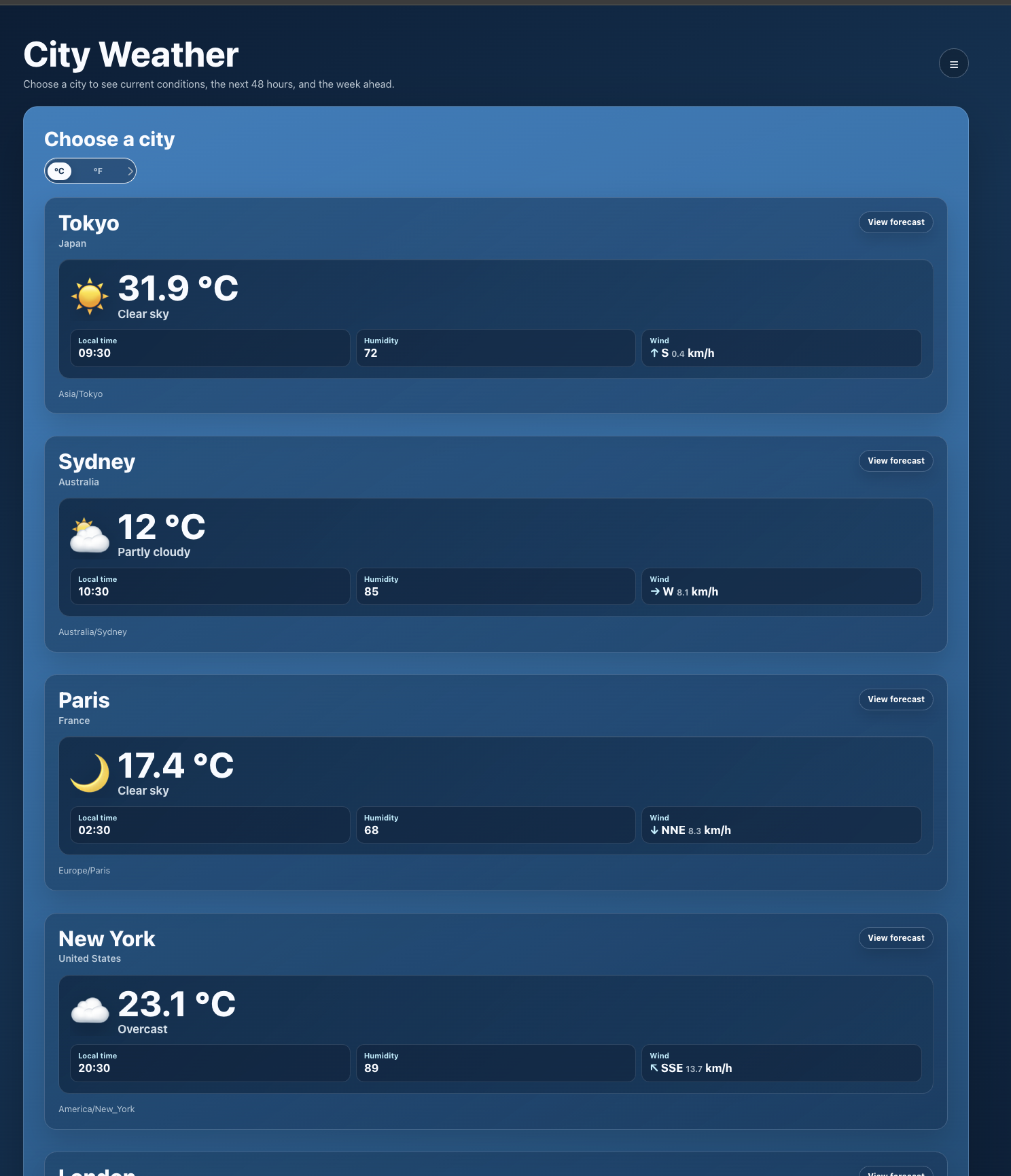 City Weather managed template showing a list of cities and current conditions